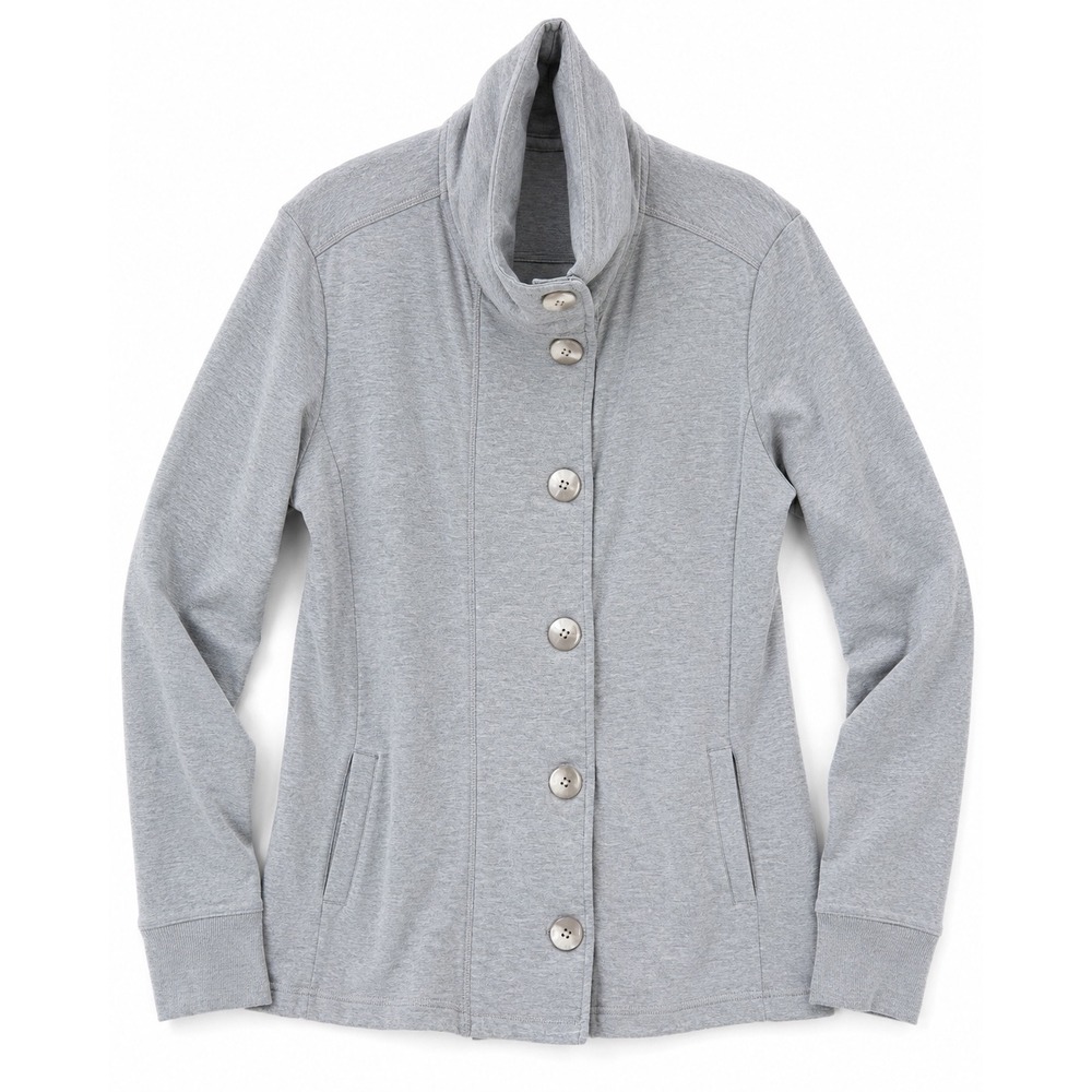 REI Womens Grey Button Front‎ Funnel Neck Cardigan Jacket Thumbholes Size Large